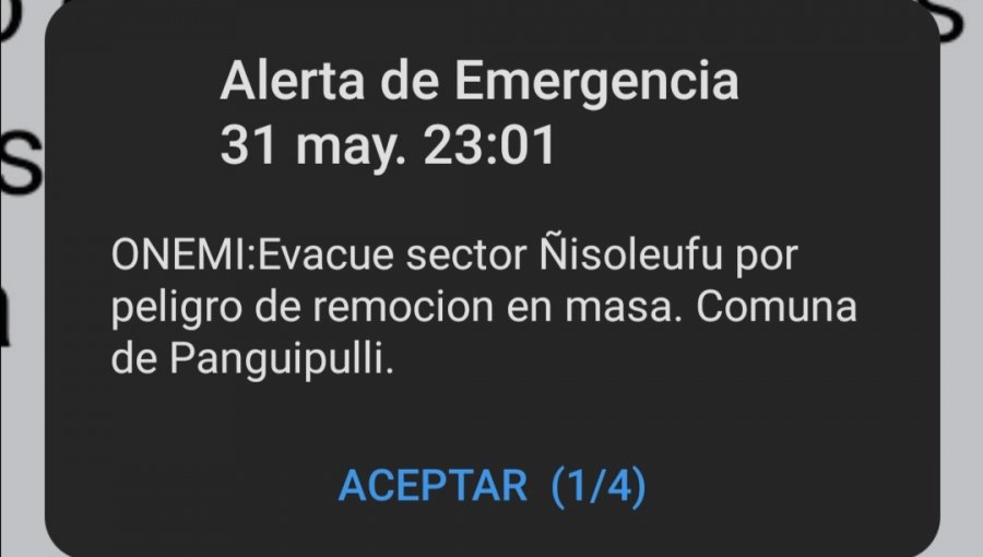 Onemi activa mensajería SAE para evacuar sector Ñisoleufu en Los Ríos por peligro de remoción de masa