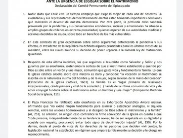 Conferencia Episcopal tras anuncio en Cuenta Pública: "El matrimonio es sólo entre un varón y una mujer"