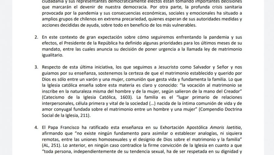 Conferencia Episcopal tras anuncio en Cuenta Pública: "El matrimonio es sólo entre un varón y una mujer"