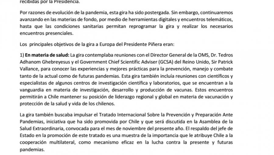 Presidente Piñera decide postergar su gira internacional por "razones de índole sanitarias"