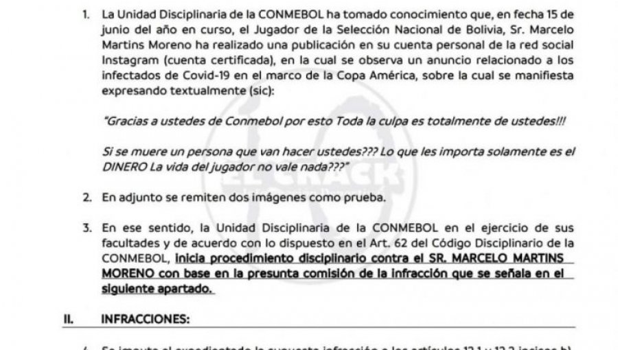 Conmebol abre "procedimiento disciplinario" contra Marcelo Moreno Martins tras fuertes críticas