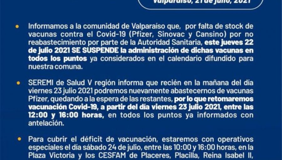 Suspenden vacunación contra el Covid-19 para este jueves en Valparaíso por "falta de stock"