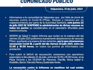 Suspenden vacunación contra el Covid-19 para este jueves en Valparaíso por "falta de stock"
