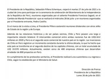 Presidente Piñera viaja a Perú para asistir a la investidura del nuevo mandatario Pedro Castillo