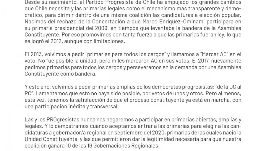 Partido Progresista no participará de la consulta ciudadana que Unidad Constituyente llevará a cabo el 21 de agosto