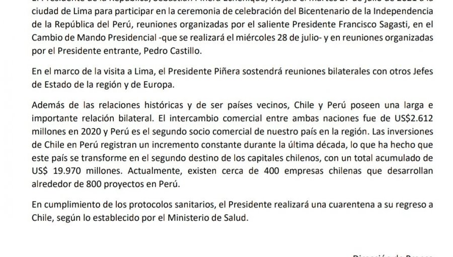 Presidente Piñera viaja a Perú para asistir a la investidura del nuevo mandatario Pedro Castillo