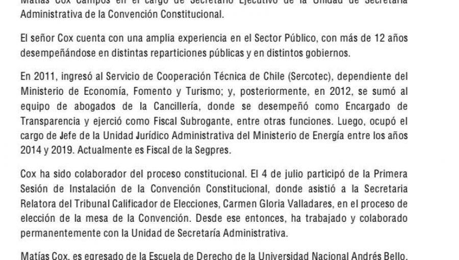 Matías Cox fue designado como el nuevo Secretario Ejecutivo de la Convención Constitucional