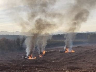 Cinco camiones y una maquinaria forestal fueron quemados en nuevo ataque incendiario en la ruta que une Quilaco con Mulchén