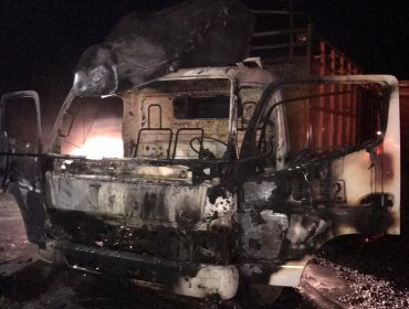 Camión con encargo por robo fue incendiado en ruta que une Lautaro con Vilcún: dejan lienzo exigiendo la salida de militares