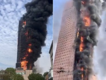 Impactante incendio consume rascacielos de 200 metros de altura en China