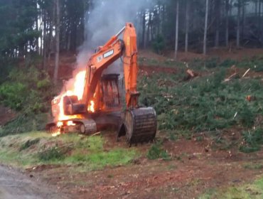 Una retroexcavadora resultó destruida tras ataque incendiario en sector rural de Angol