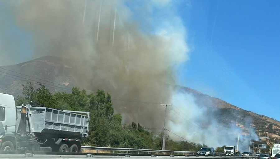 Alerta Roja para Curacaví por incendio forestal cercano a sectores habitados: humo disminuye la visibilidad en la ruta 68