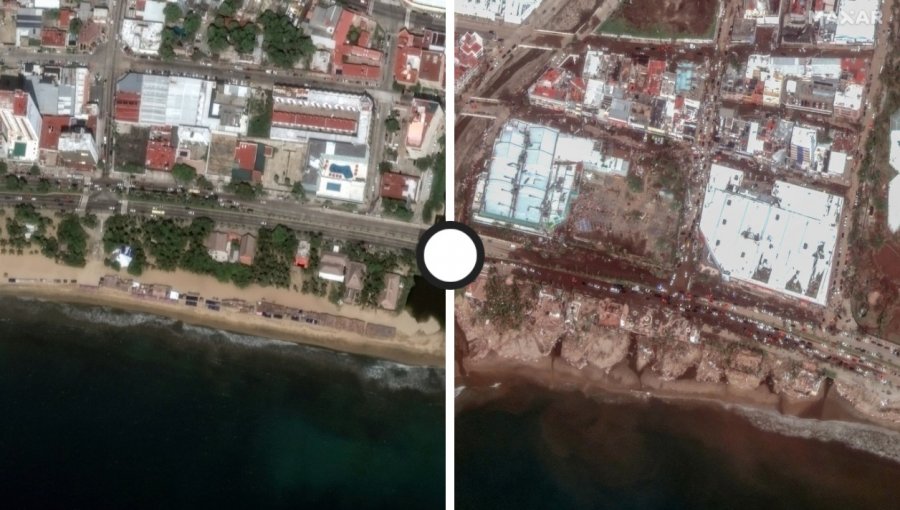 Las imágenes satelitales que muestran el antes y el después de la destrucción dejada por el huracán Otis tras su paso por Acapulco