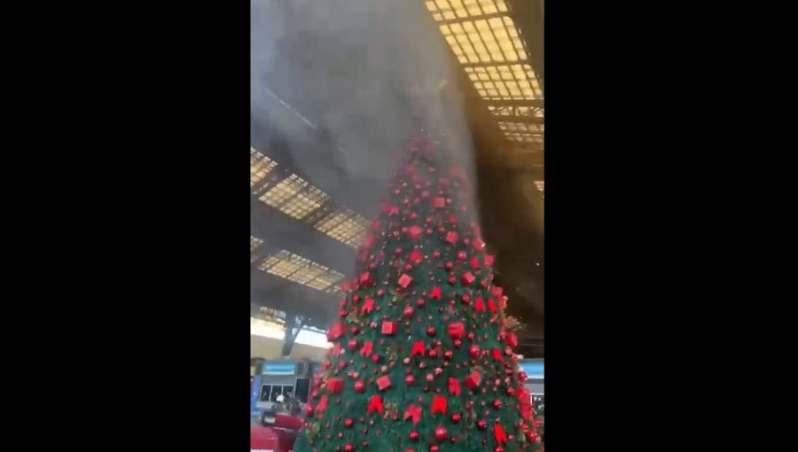 Árbol de Navidad fue incendiado tras desalojo de comerciantes ambulantes en Estación Central: cuatro detenidos