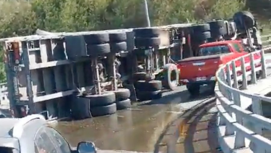 Camión vuelca y derrama la totalidad de su carga en la Ruta 60 en Viña del Mar