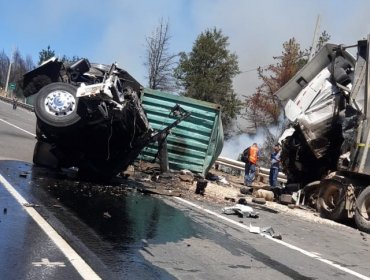 Dos personas fallecidas y un incendio forestal deja colisión frontal de camiones en la Ruta de la Madera