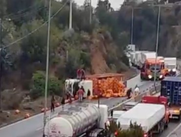 Camión volcado obliga a suspender el tránsito en Ruta Las Palmas en Viña del Mar