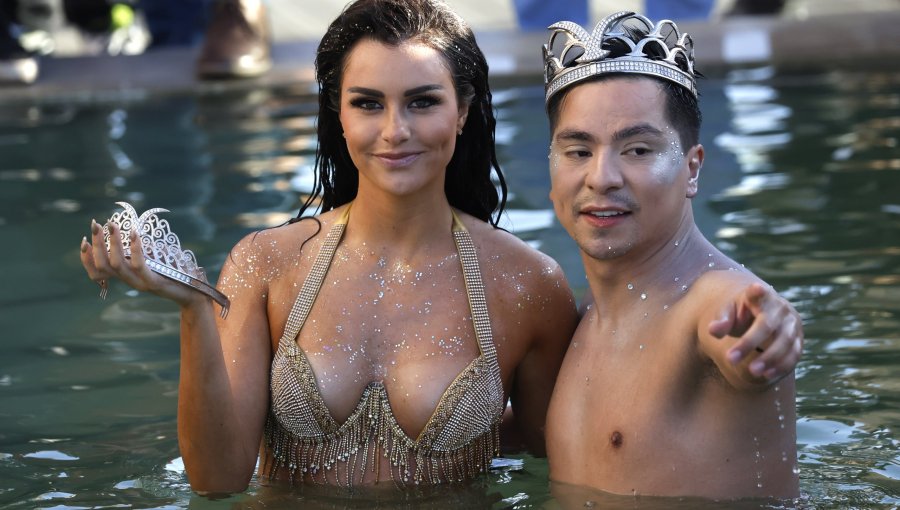 Emilia Dides y Camilo González son coronados como Reina y Rey del Festival de Viña del Mar y realizan tradicional piscinazo