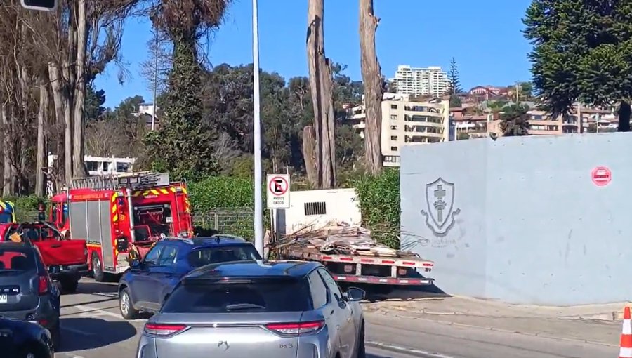 Camión fuera de control choca contra un árbol y una reja del colegio Mackay en Reñaca