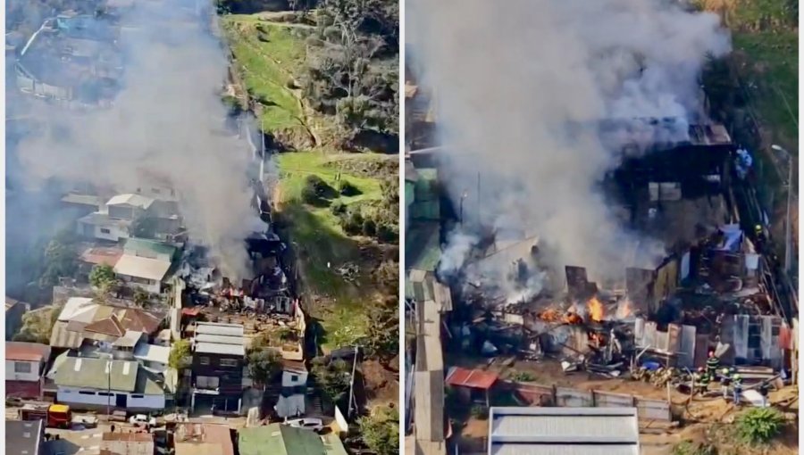 Incendio de grandes proporciones consumió tres casas en el cerro O'Higgins de Valparaíso