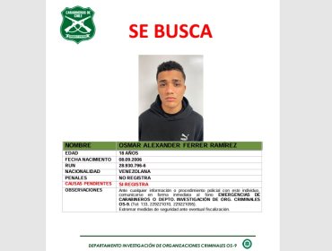 OS9 de Carabineros emitió una alerta de búsqueda por Osmar Alexander Ferrer Ramírez, sicario venezolano liberado