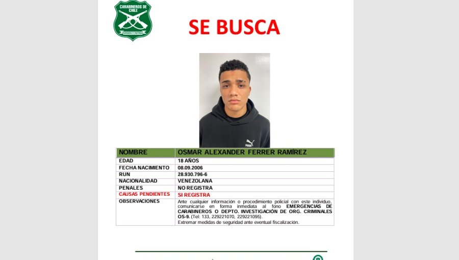OS9 de Carabineros emitió una alerta de búsqueda por Osmar Alexander Ferrer Ramírez, sicario venezolano liberado