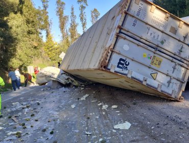 Impactante accidente de tránsito en Valparaíso: camión de alto tonelaje volcó contenedor con su carga en el camino La Pólvora