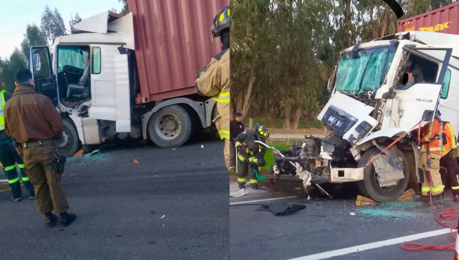 Violenta colisión por alcance entre dos camiones deja a conductor atrapado y con serias lesiones en la ruta 78 de San Antonio