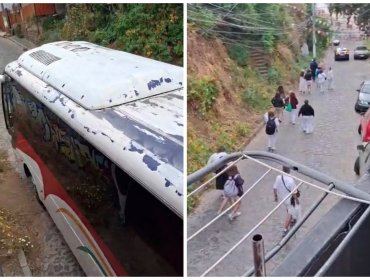 Bus de turismo queda atascado en la avenida Elías de Valparaíso y pasajeros aterrados debieron bajar a pie por el cerro