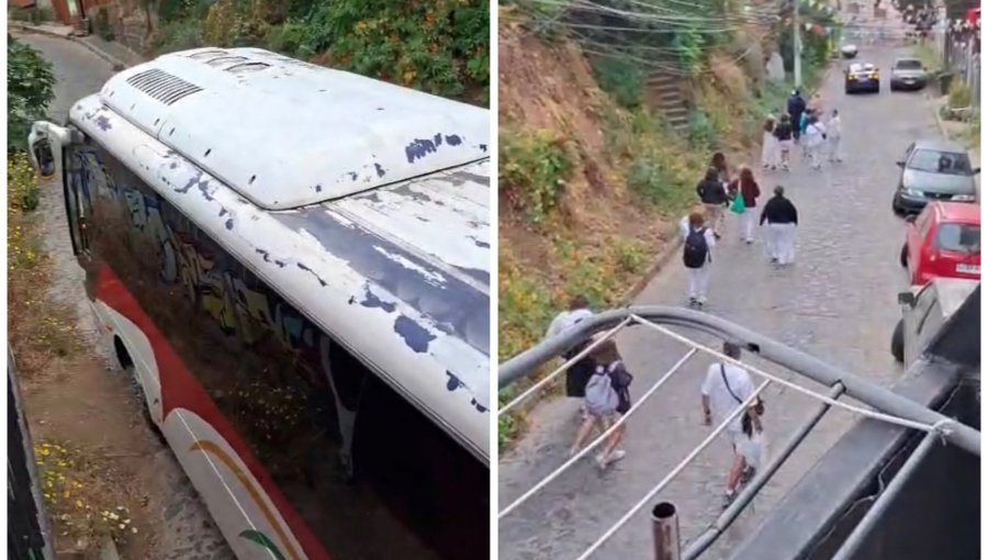Bus de turismo queda atascado en la avenida Elías de Valparaíso y pasajeros aterrados debieron bajar a pie por el cerro
