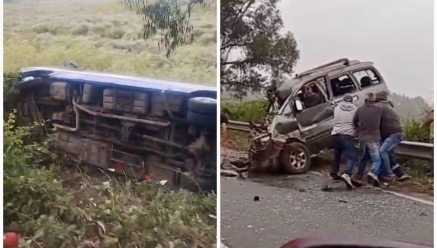 Impactante colisión frontal deja un bus volcado en Quintero: se reportan ocho lesionados