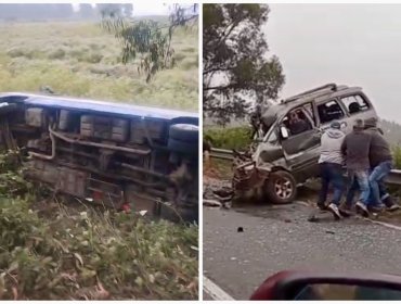 Impactante colisión frontal deja un bus volcado en Quintero: habrían seis lesionados