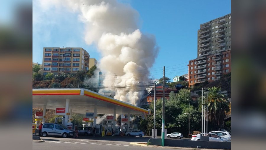 Bomberos combate incendio forestal frente a bencinera de la Av. España de Valparaíso