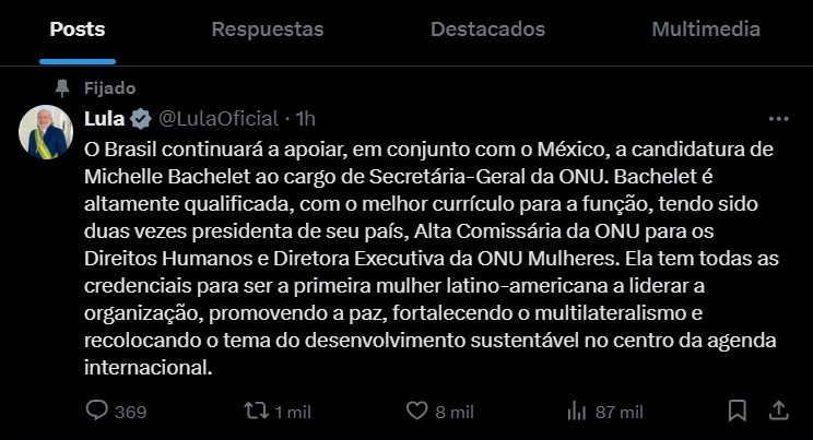 Lula ratifica apoyo a Michelle Bachelet para la Secretaría General de la ONU