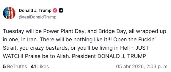 Trump exige a "locos cabrones" de Irán que abran "el puto estrecho" de Ormuz