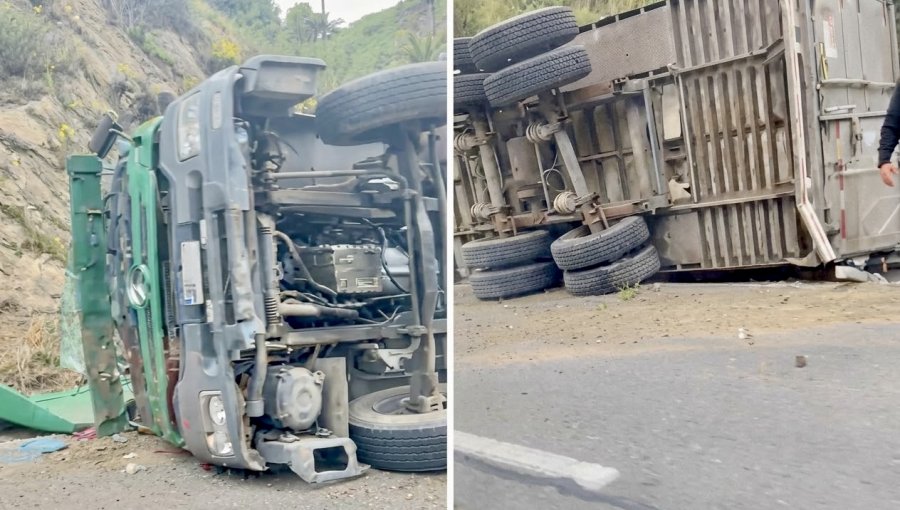 Un lesionado deja volcamiento de camión en la ruta Las Palmas de Viña del Mar
